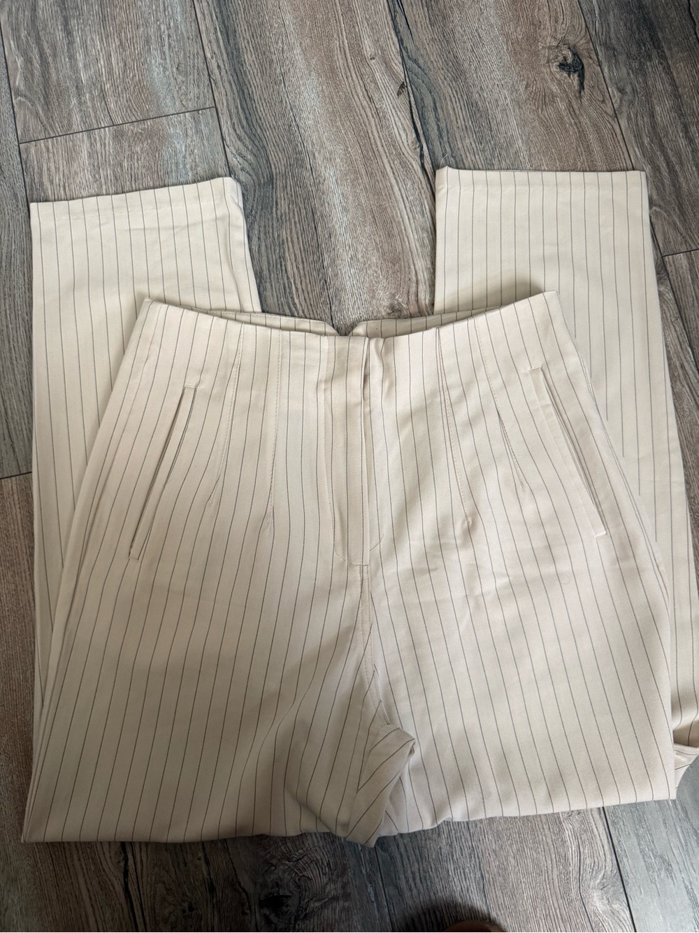 Cream Pinstripe Tailored Straight-Leg Pants
